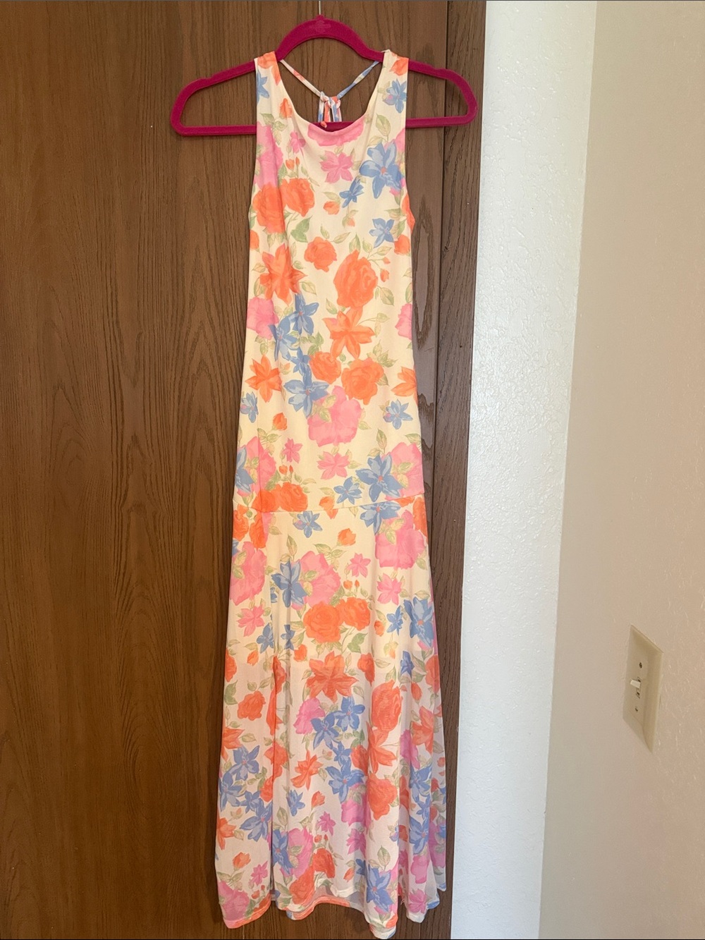 NWOT Altar'd State Cream Maxi Dress with Coral, Pink & Blue Floral Print